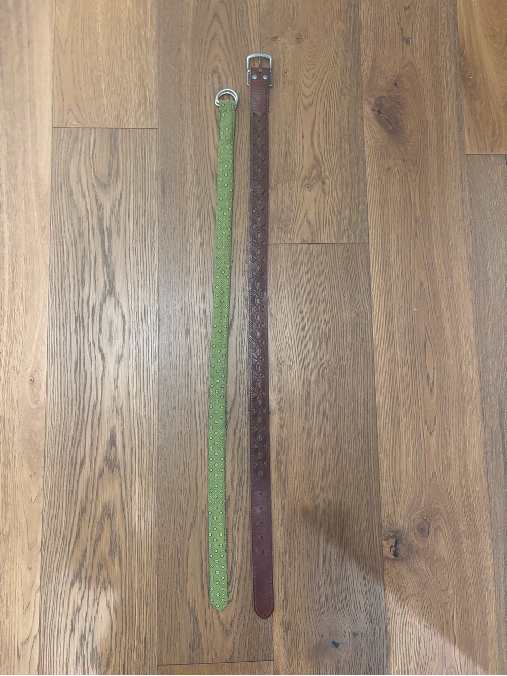 Green Patterned Fabric Belt & Brown Leather Tooled Belt